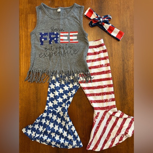 Other - Patriotic Bell Bottom + Fringe Top Outfit | Girls 3-Piece Set | 110 (4-5 Years)